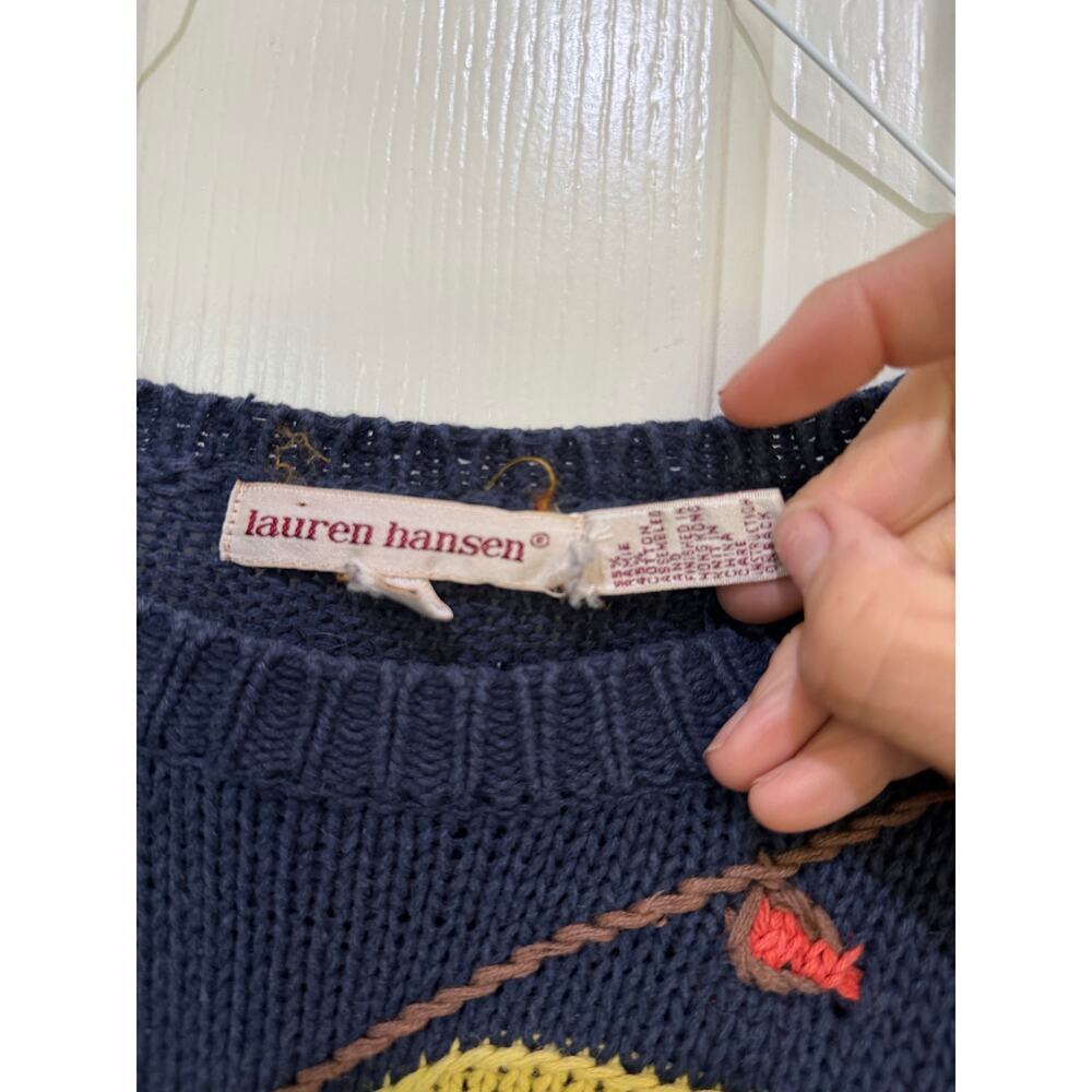 Vintage Lauren Hansen Halloween Sweater Witch Pumpkin Tree Knit Blue Size Large - Picture 5 of 7